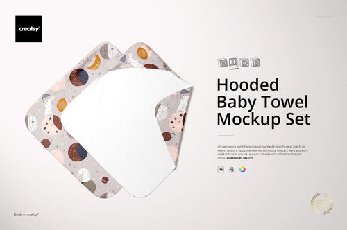 Hooded baby towel mockup set featuring two towels, one with a playful moon and star pattern and one plain white, displayed on a light background.