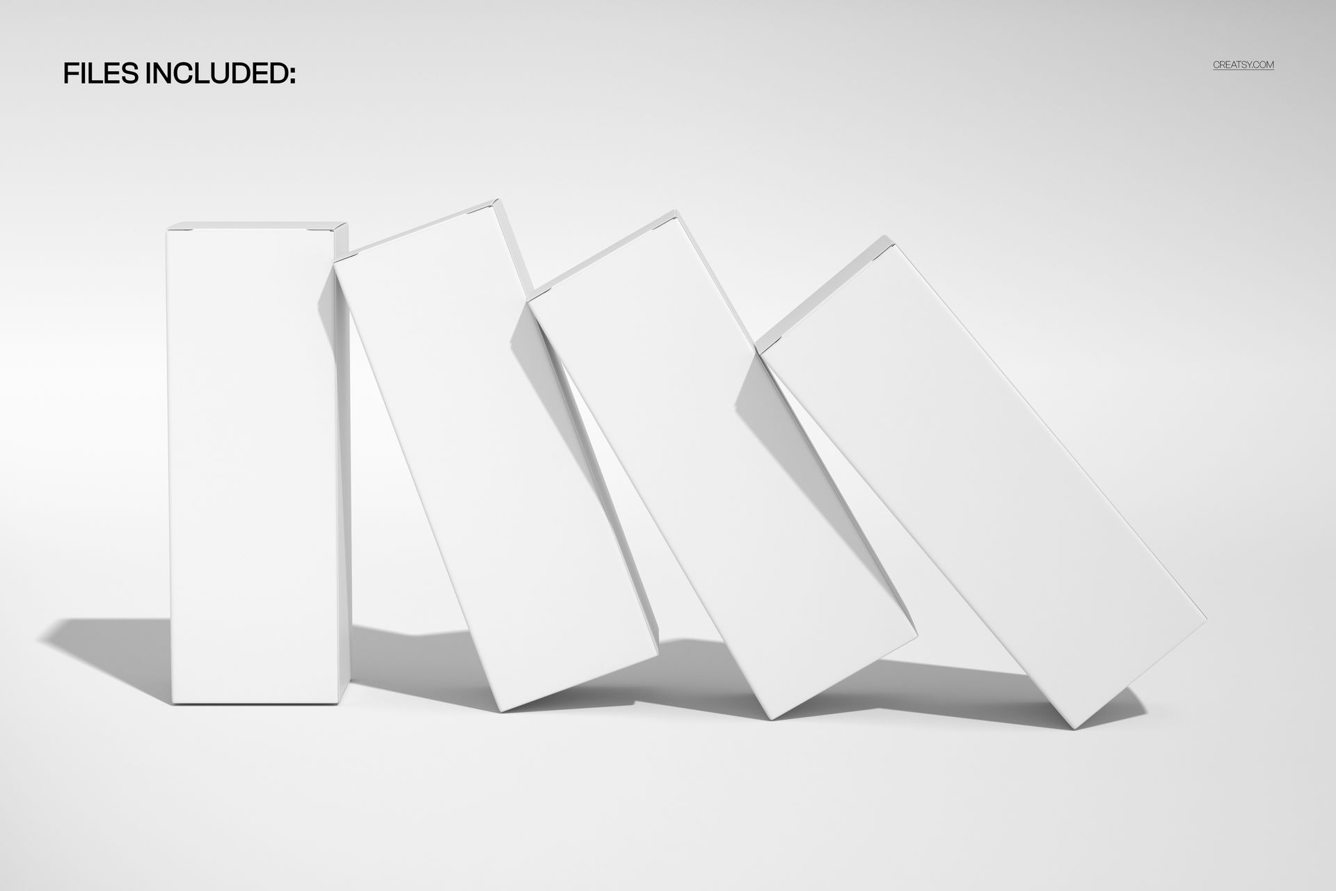 Tilted sequence of four blank serum packaging boxes displayed side by side on a clean white surface, PSD mockup.