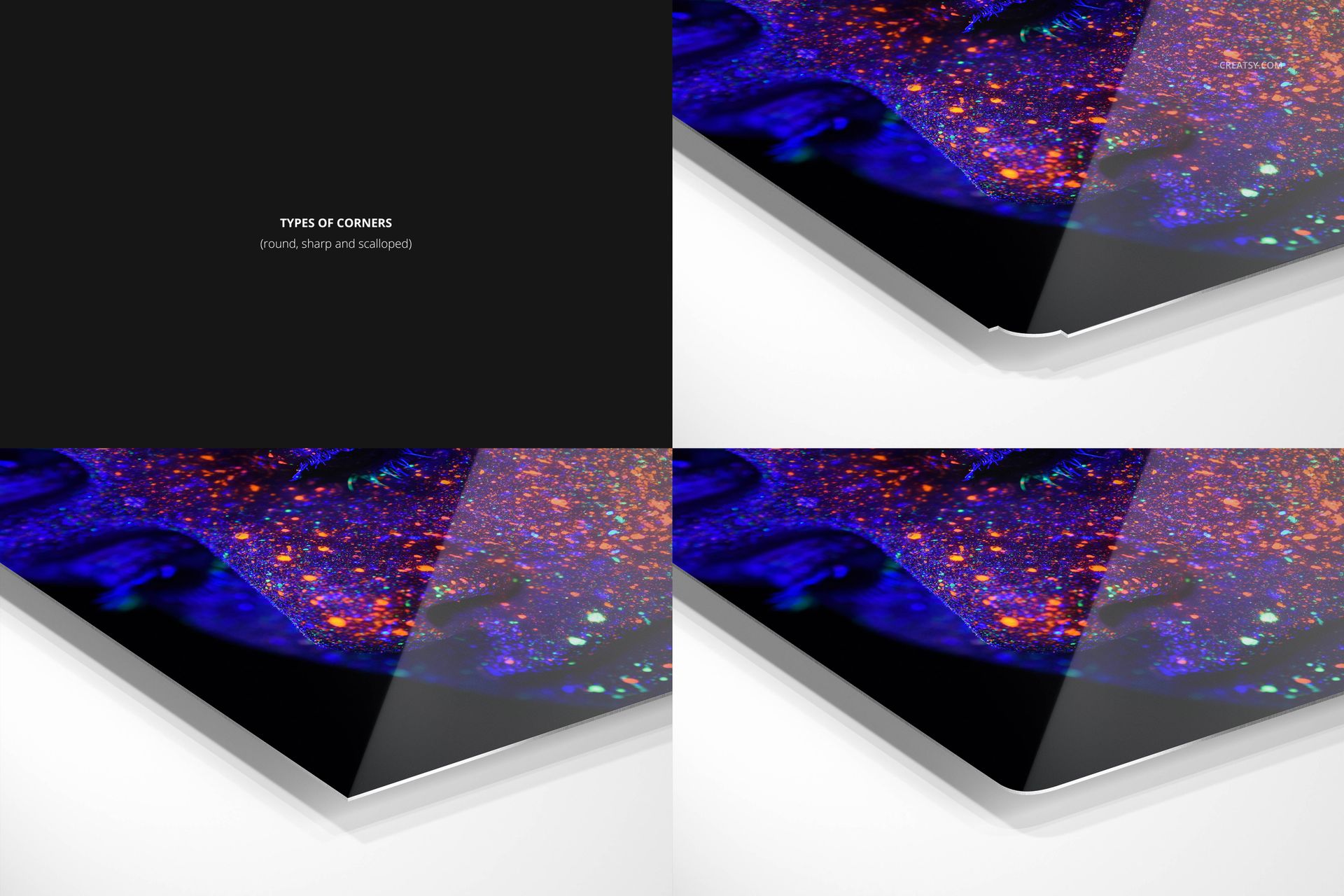 Close-up view of aluminum print corners in a mockup, showing glossy surface and vibrant blue and orange design.