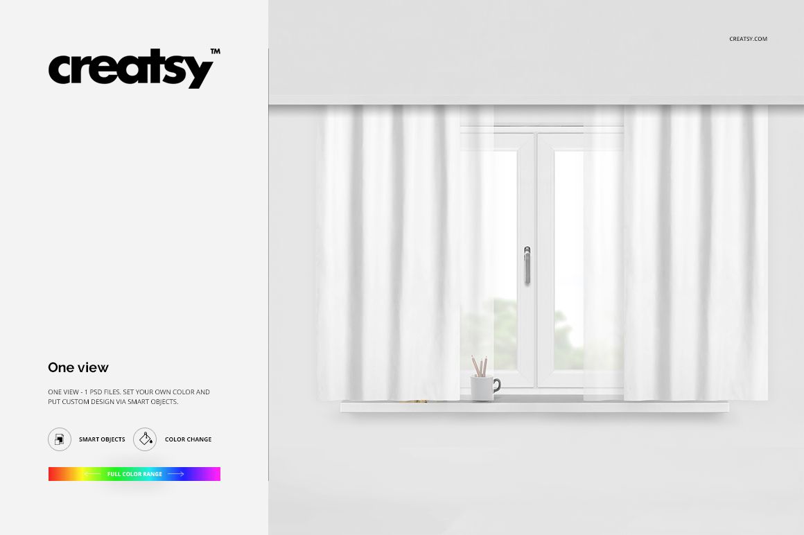 Front view of a short white curtain mockup hanging above a window, with a mug and pencils on the windowsill in a minimal room.