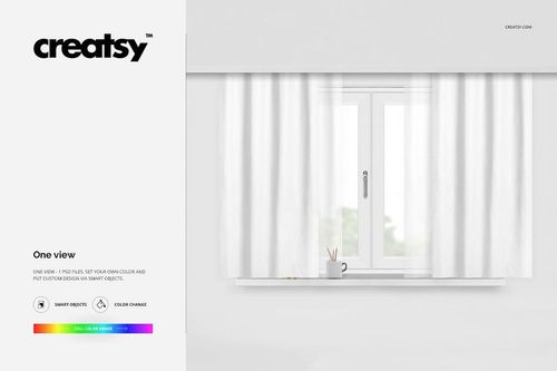 Front view of a short white curtain mockup hanging above a window, with a mug and pencils on the windowsill in a minimal room.