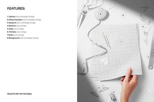 PSD mockup showing various sewing tools, fabric pieces, and heart-shaped cutouts arranged neatly for a Valentine’s Day craft project.