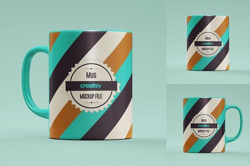 Sublimation mug mockup featuring a colorful striped pattern and three perspectives, set against a neutral teal backdrop.