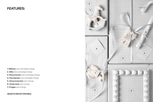 PSD mockup featuring an organized Christmas layout with boxed presents, candy canes, and nostalgic ornaments on a light surface.