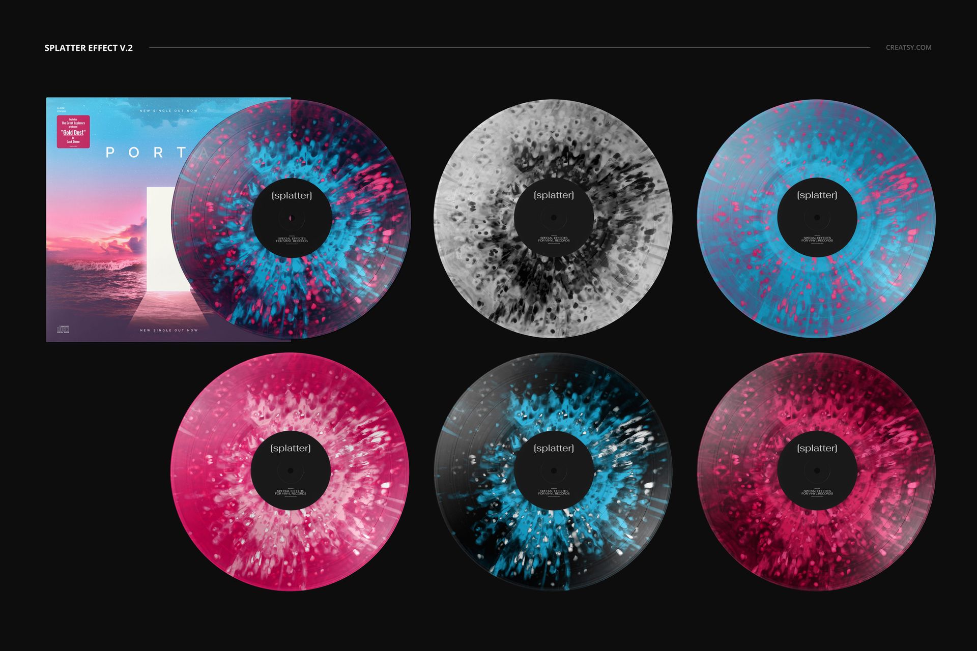 Music-themed PSD mockup featuring six splatter effect vinyl records in various colors, alongside a scenic cover.