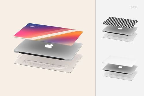 Macbook case mockup showing a silver laptop with three interchangeable top covers in various designs, front angle view.