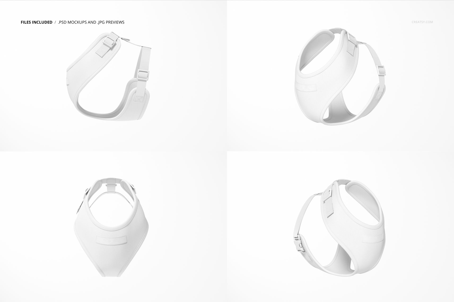 Dog harness mockup set featuring four white harnesses shown from different angles on a plain light background.