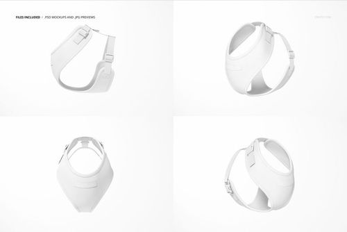 Dog harness mockup set featuring four white harnesses shown from different angles on a plain light background.
