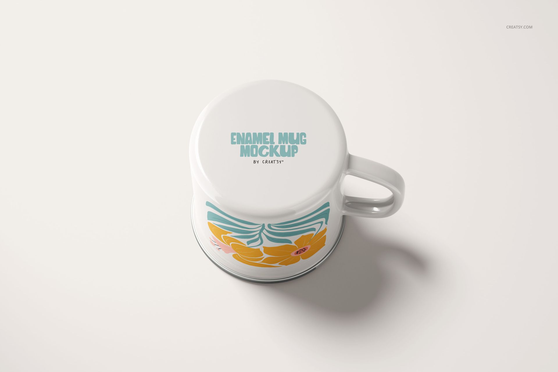 Enamel mug mockup displayed from a top angle, highlighting a yellow and orange flower design and silver rim.