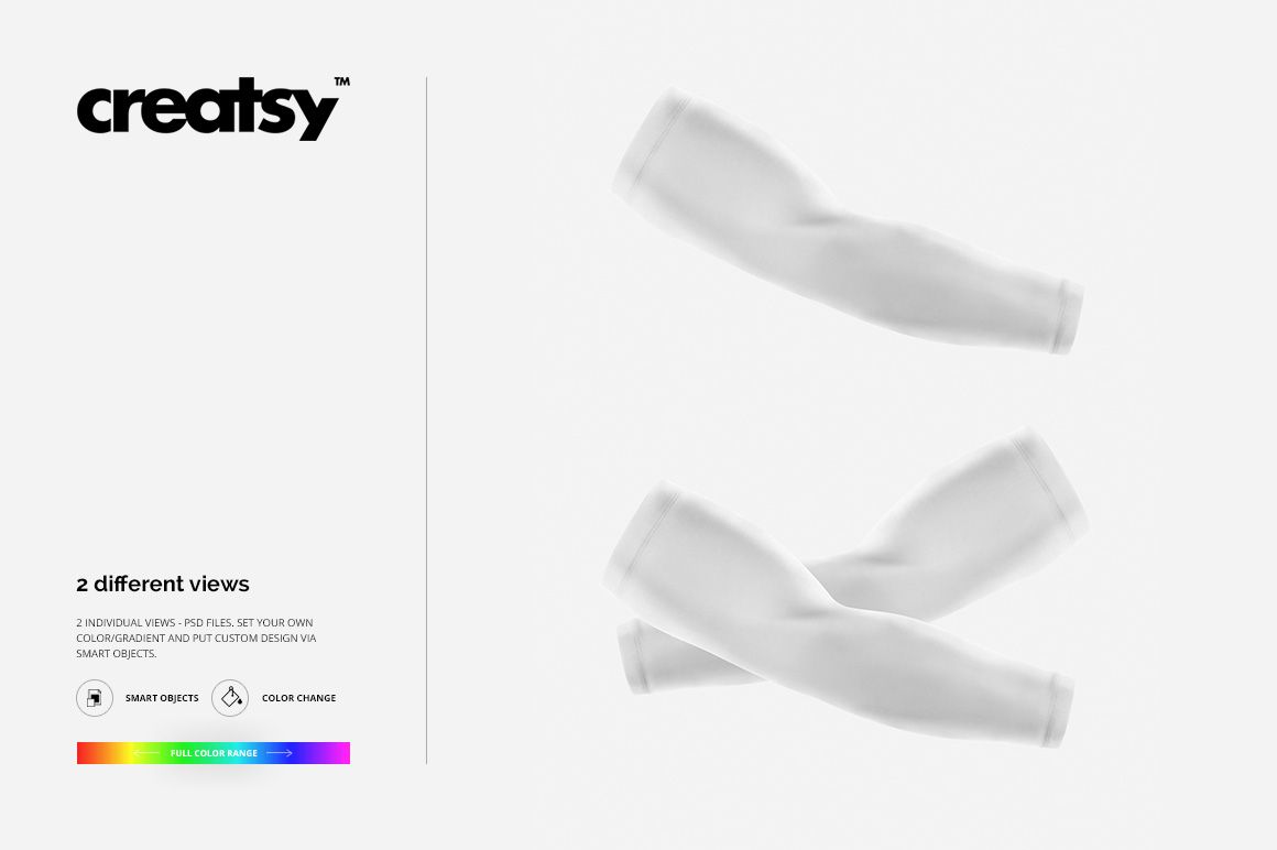 Two white arm compression sleeves displayed in separate views on a plain background, shown in a PSD mockup format.