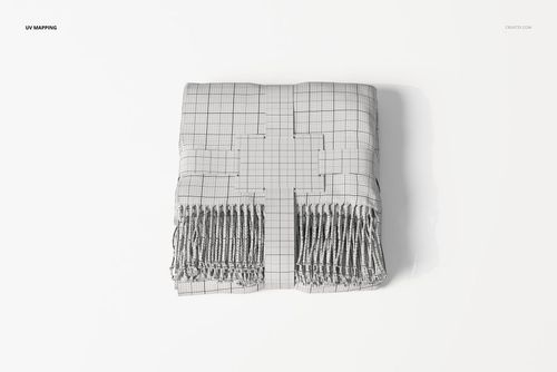 Folded blanket with fringe edges, displayed from a top view, featuring a visible grid pattern for UV mapping.