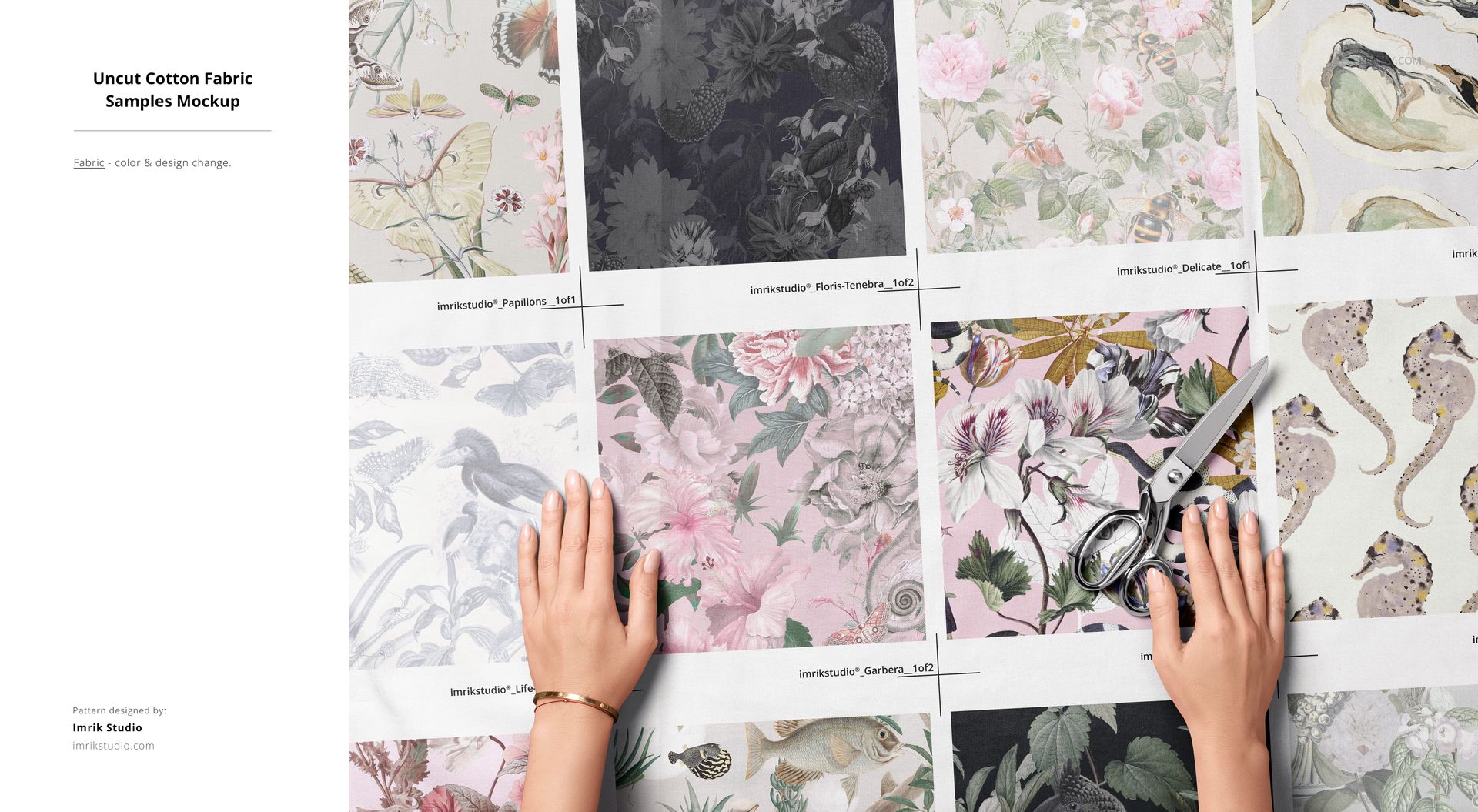 Overhead shot of cotton fabric mockup samples in various botanical and animal prints, hands and scissors included in scene.