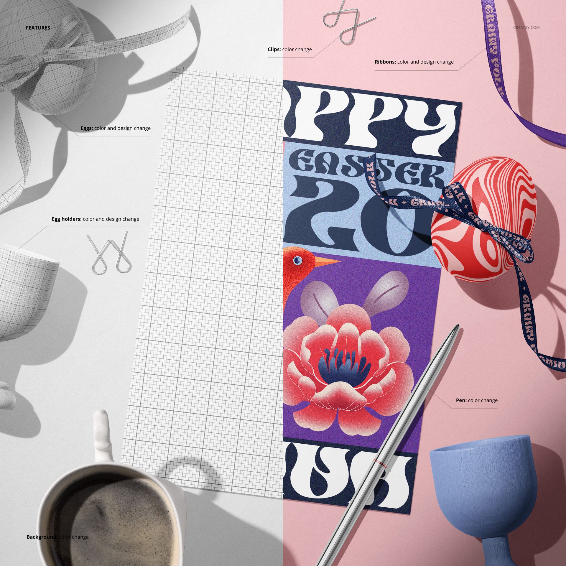 Easter greeting card mockup on a table with colorful eggs, ribbons, scissors, pen, paper clips, and a coffee mug.