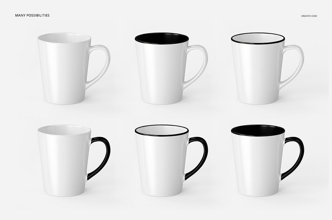 Set of six white latte mugs displayed on a light background, showing different handle and rim color variations.