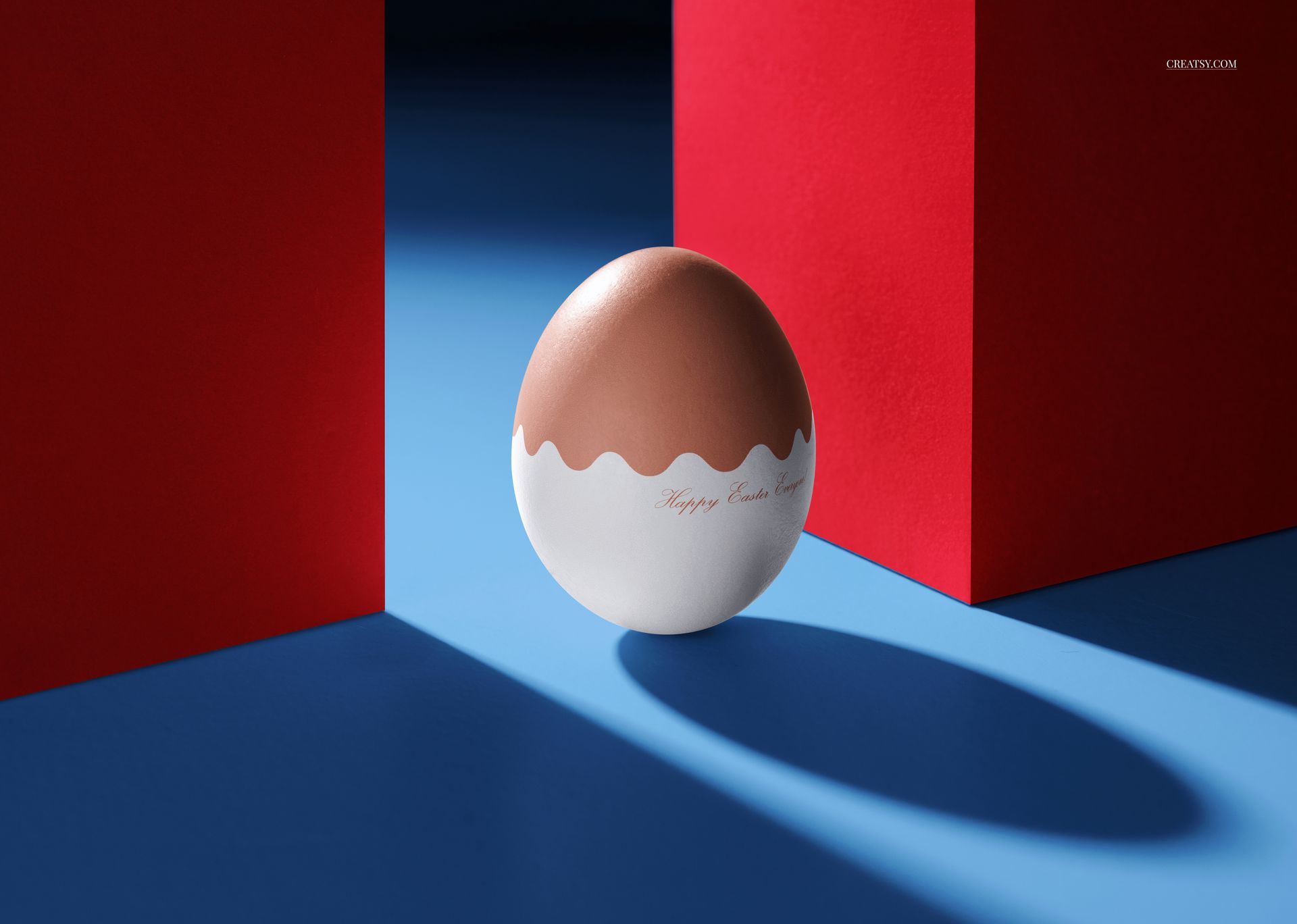 Front view of a modern Easter egg mockup with brown and white color, placed between two red geometric blocks on a blue surface.
