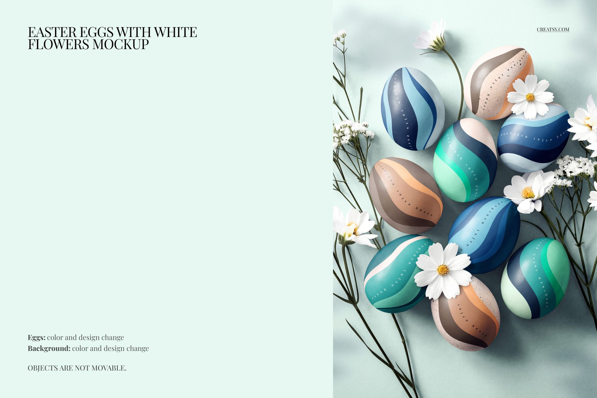 Top view of colorful Easter eggs with white floral patterns arranged among daisies on a light background mockup.