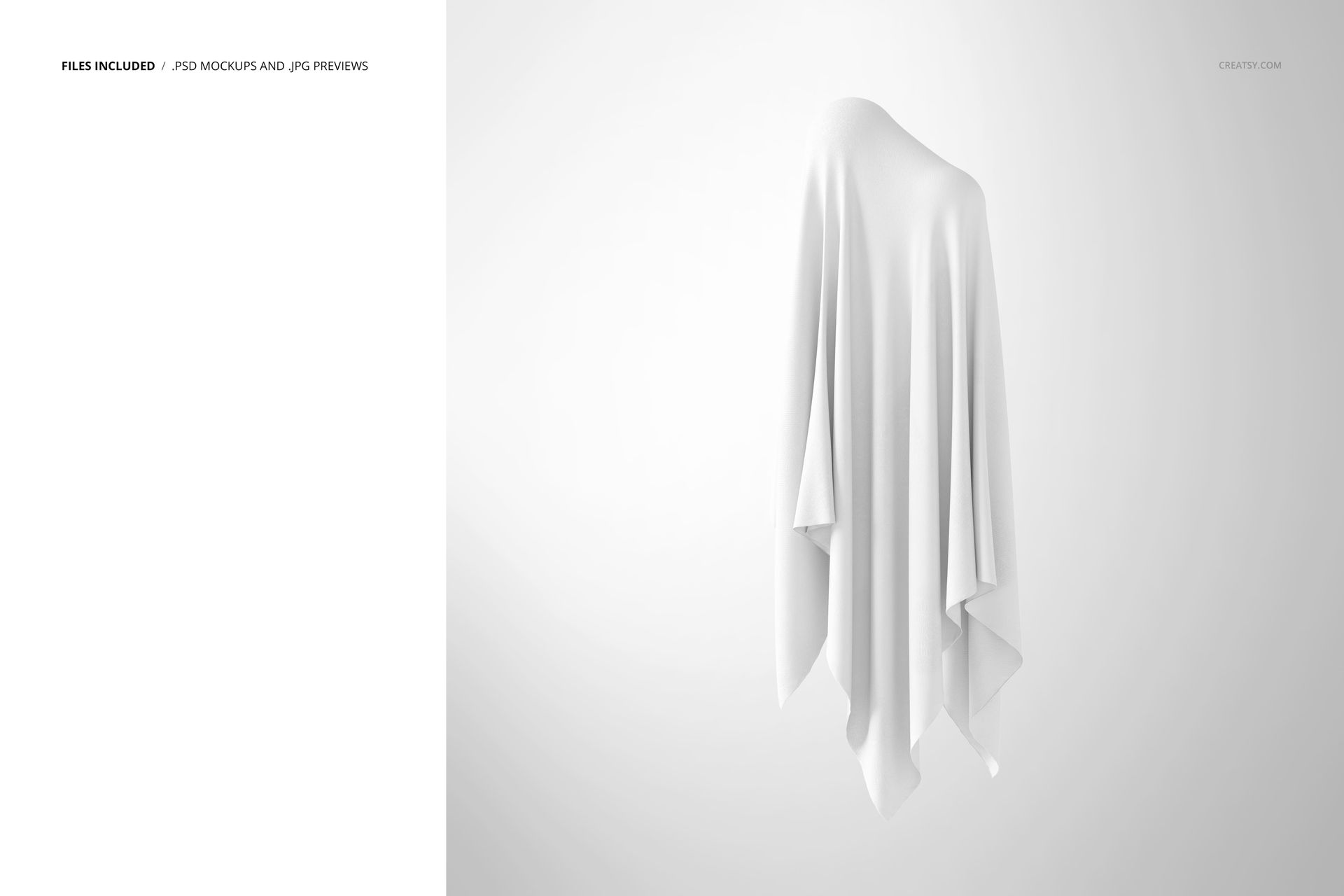 Front view of a ghost-shaped fabric draped in white, displayed on a plain light background for a Halloween mockup.