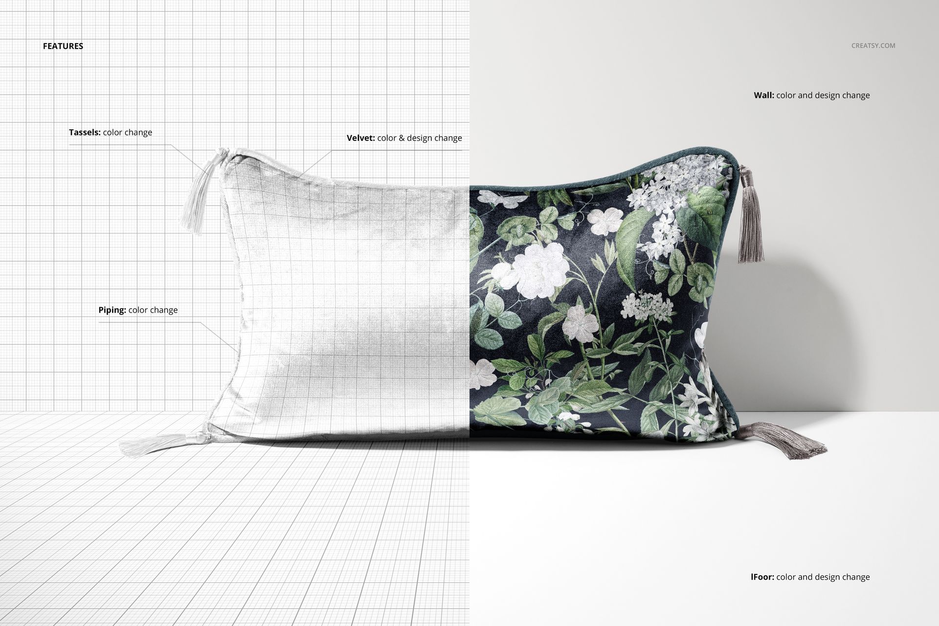 PSD mockup of a rectangular cushion with tassels, divided to show blank fabric and detailed botanical artwork side by side.