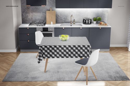 Modern kitchen interior with a checkered tablecloth mockup on a rectangular table, two chairs, and gray cabinetry.