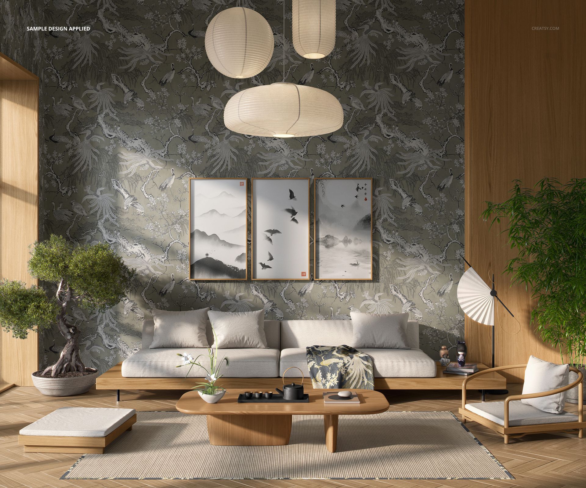Japandi style living room mockup with light wood furniture, neutral sofa, and patterned wallpaper in front view.