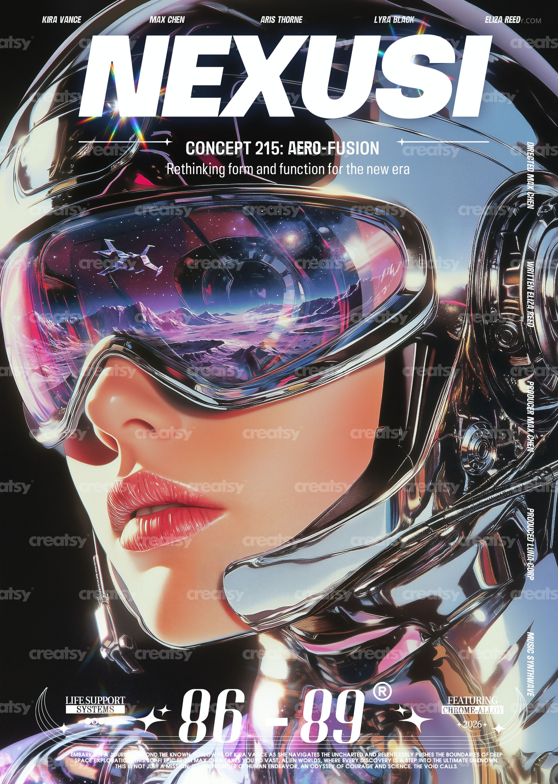 Front view of a poster mockup with metallic abstract shapes and futuristic elements, featuring a central blank area.