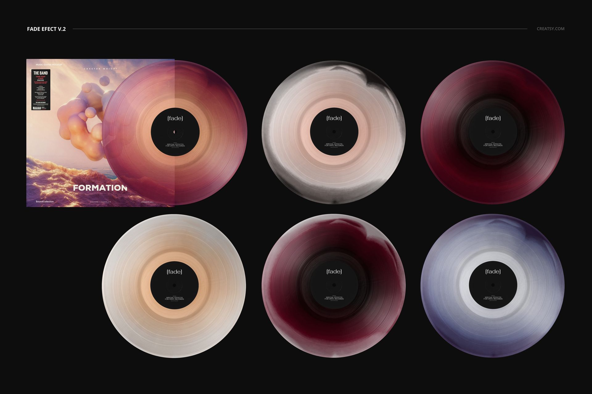 PSD mockup set showing six vinyl records in various pastel and dark gradient colors, including a cover design.