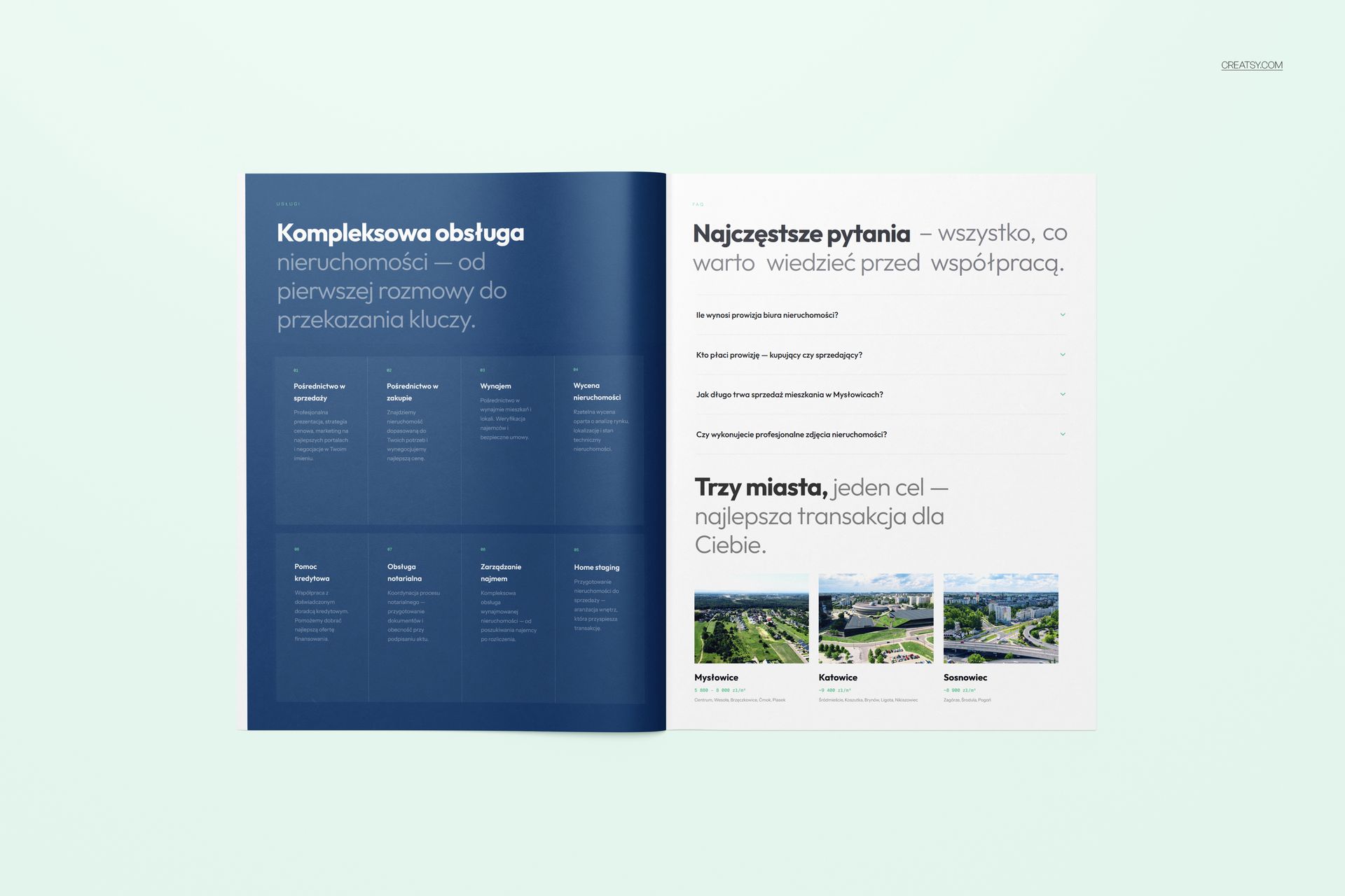 Open company brochure mockup displaying two pages with blue and white design elements on a light background.