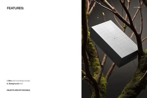 Rectangular packaging box mockup with a grid pattern, floating among moss-covered branches, front angle view.