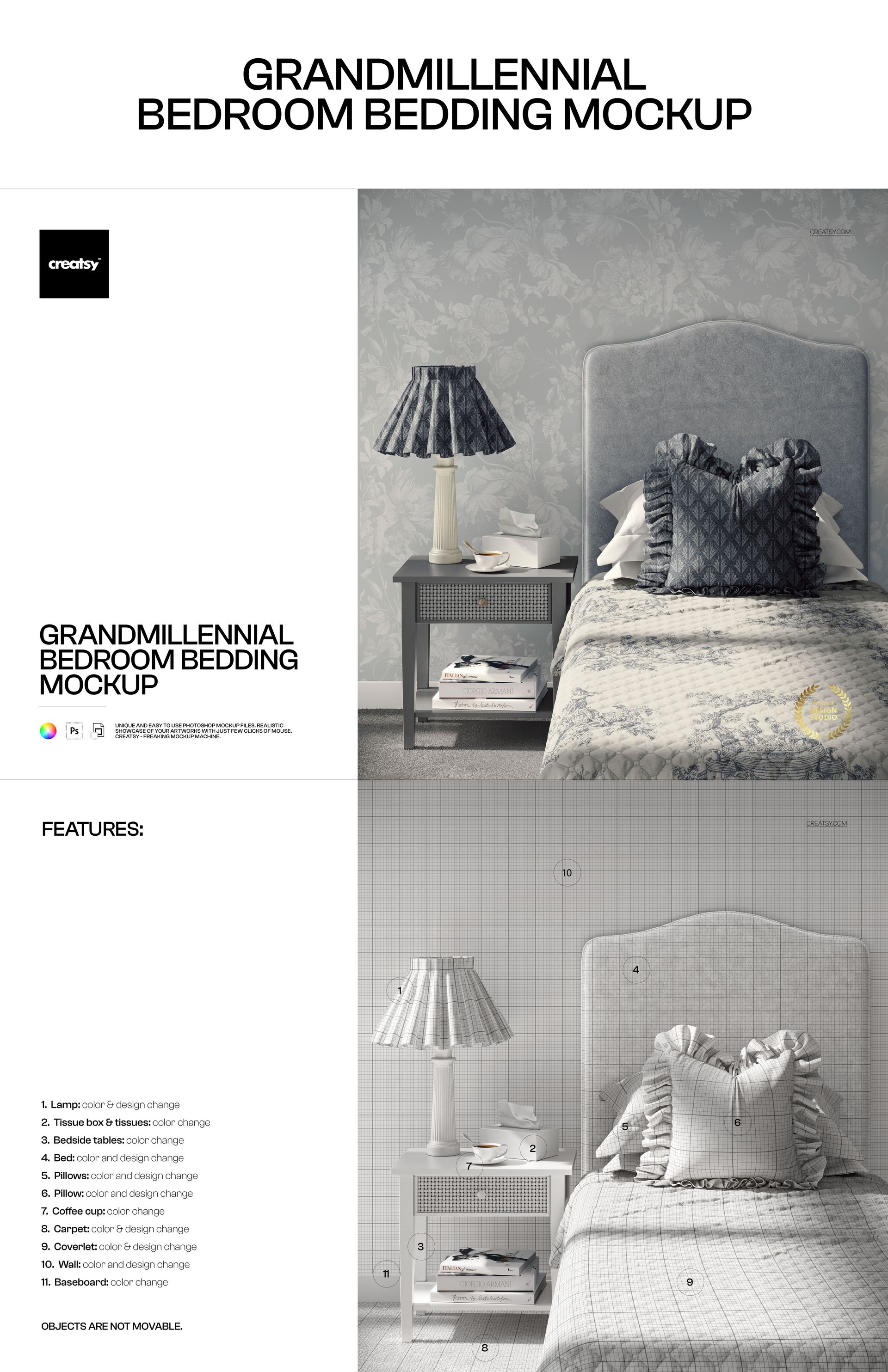 PSD mockup showing a classic bedroom with upholstered headboard, textured pillows, and floral wallpaper in soft gray.