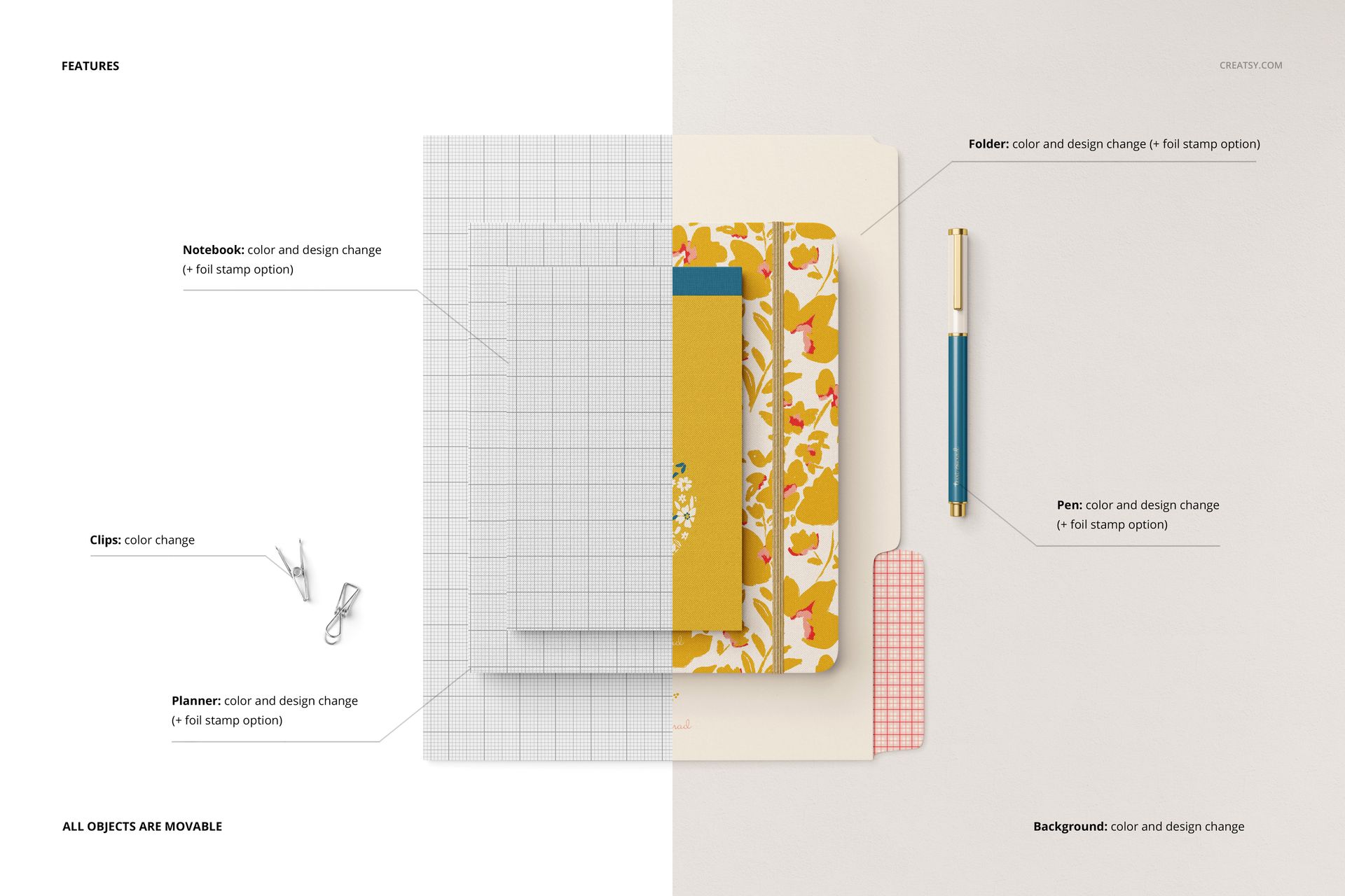 Stationery set mockup featuring a notebook, planner, folder, pen, and clips arranged on a light background, top view.