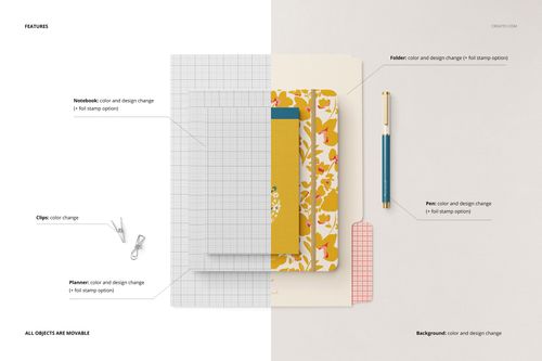 Stationery set mockup featuring a notebook, planner, folder, pen, and clips arranged on a light background, top view.