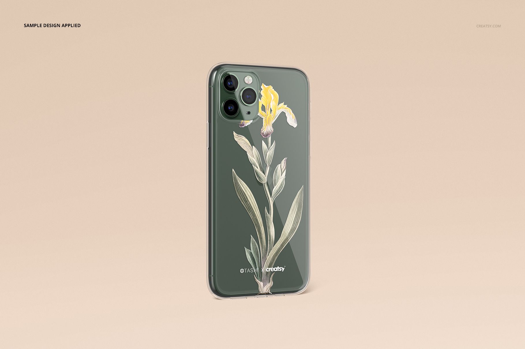 iPhone 11 Pro clear case mockup featuring a botanical design, shown from the back on a neutral beige surface.