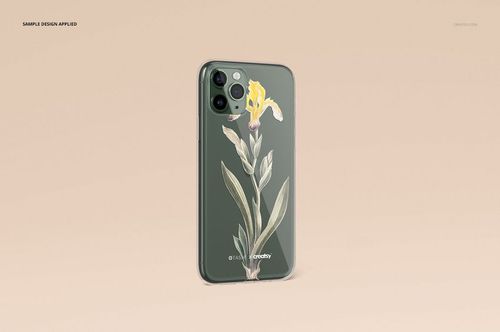 iPhone 11 Pro clear case mockup featuring a botanical design, shown from the back on a neutral beige surface.