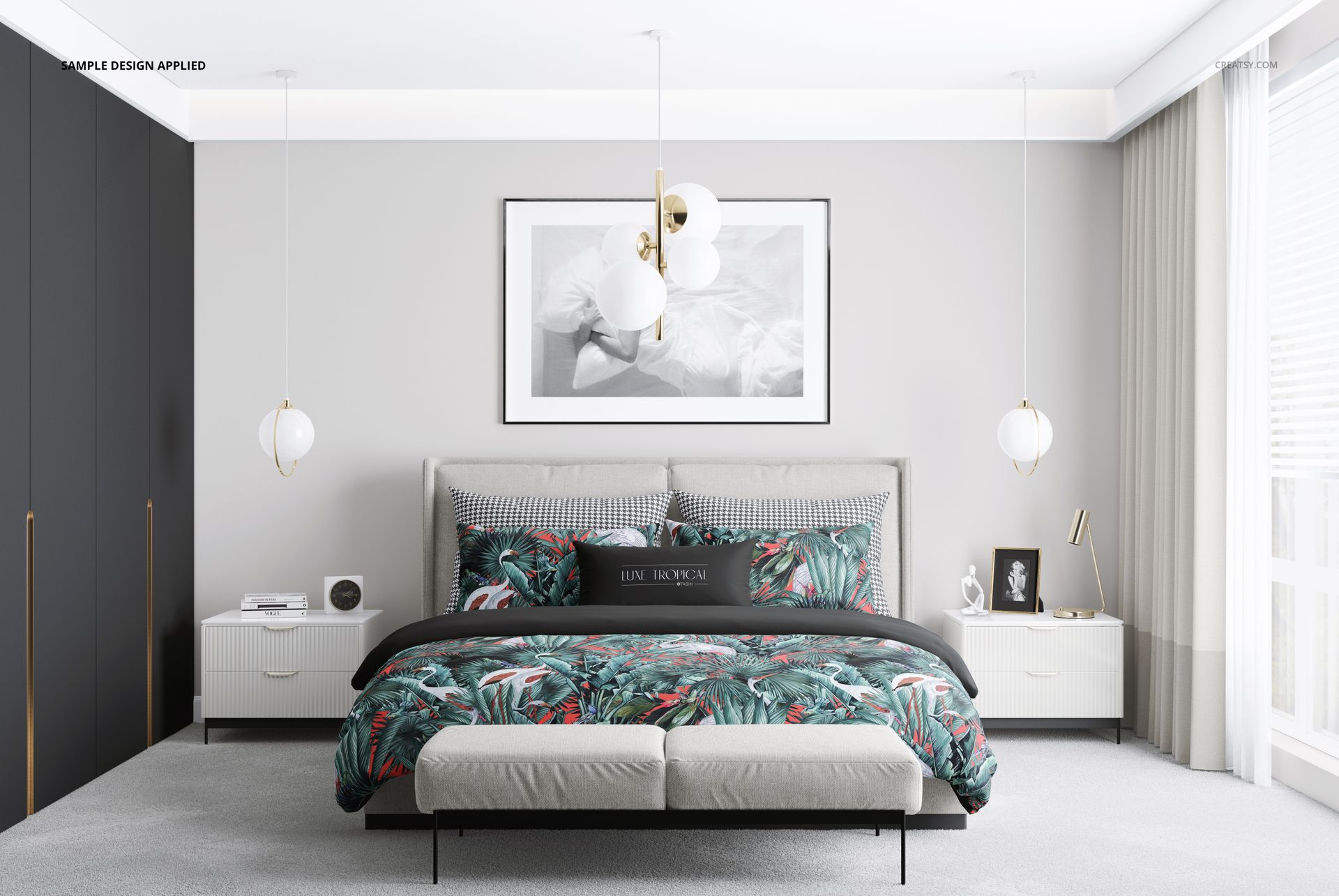 Bedroom scene PSD mockup with a double bed dressed in green and red leaf-patterned bedding, flanked by nightstands.