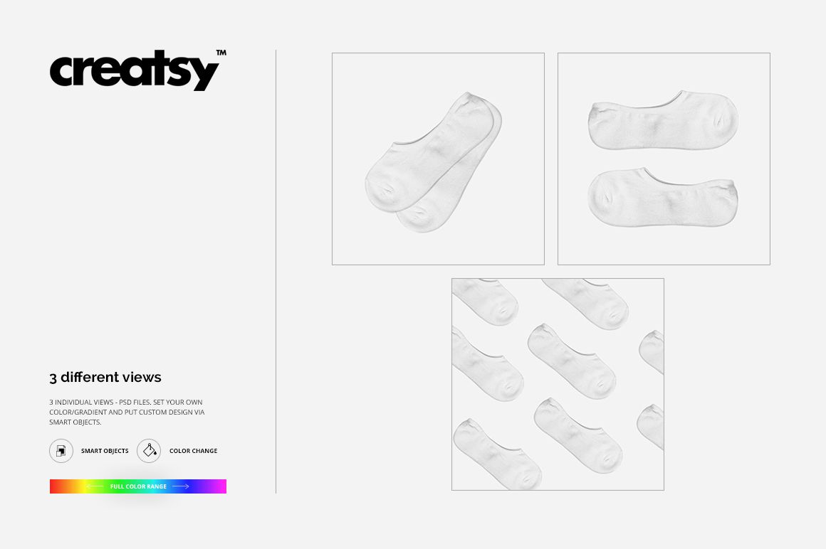 Set of white no show socks displayed in three different perspectives on a plain background, PSD mockup format.