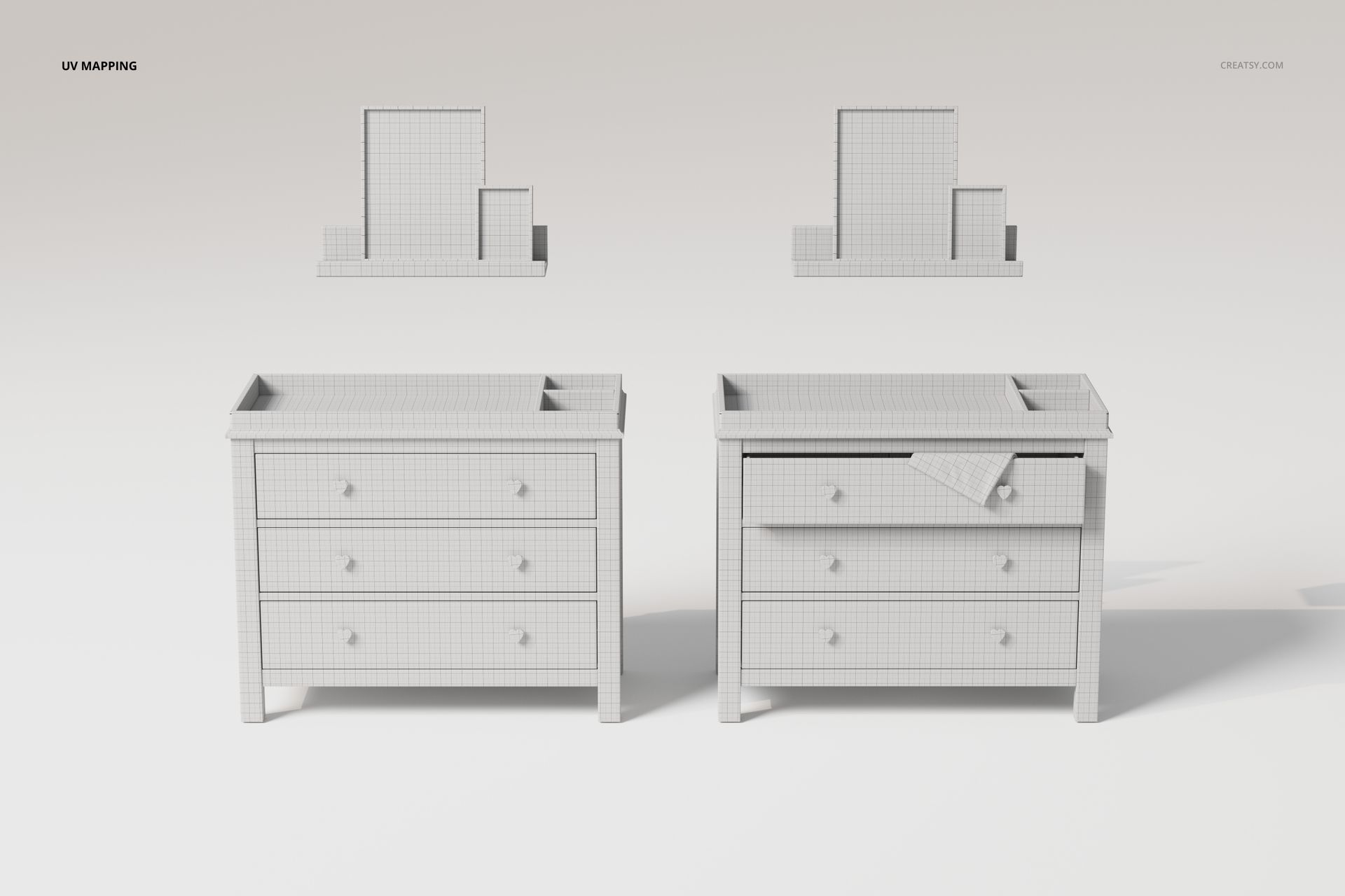 Front view of two baby nursery dressers with three drawers, shown in a white grid pattern on a plain background.