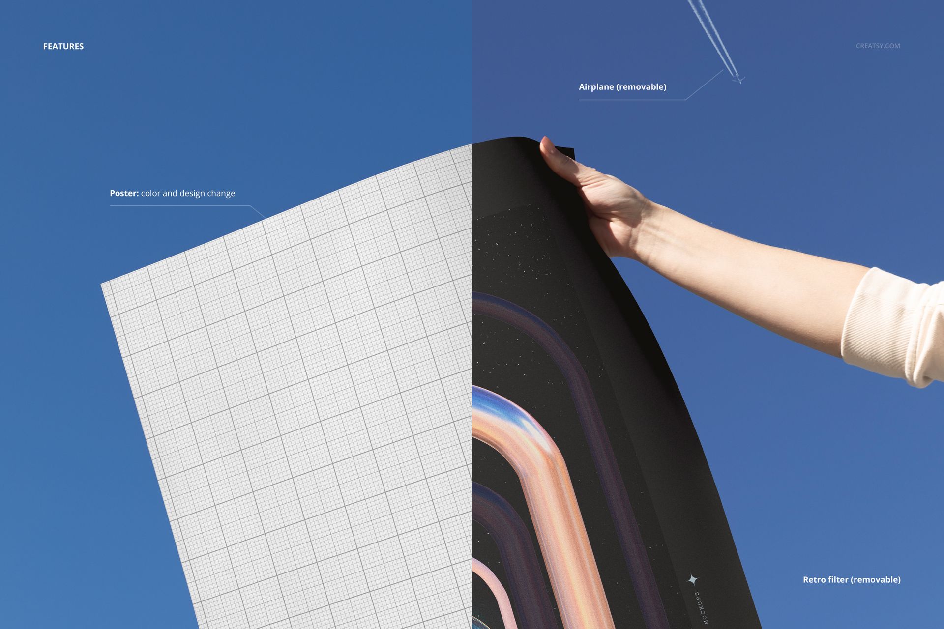Front view of a skyline poster mockup, featuring a grid pattern on one side and colorful abstract design on the other.