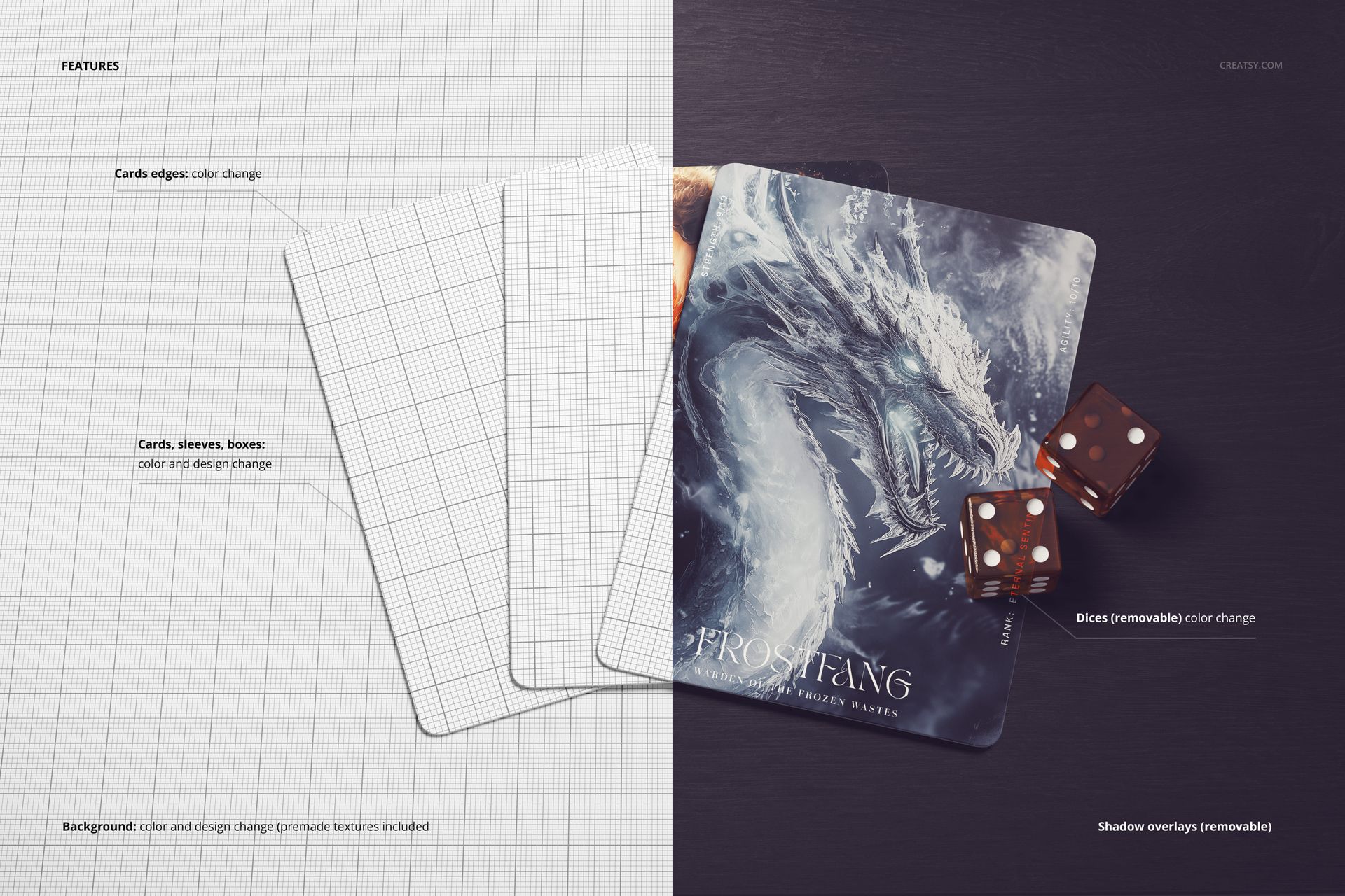 Top view of trading cards mockup set with blank grid cards on the left and a fantasy dragon card with dice on the right.
