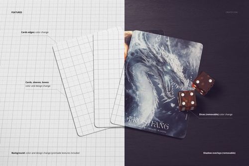 Top view of trading cards mockup set with blank grid cards on the left and a fantasy dragon card with dice on the right.