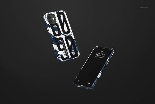 iPhone 12 PSD mockup set showing two cases with abstract monochrome artwork, viewed from front and back angles.