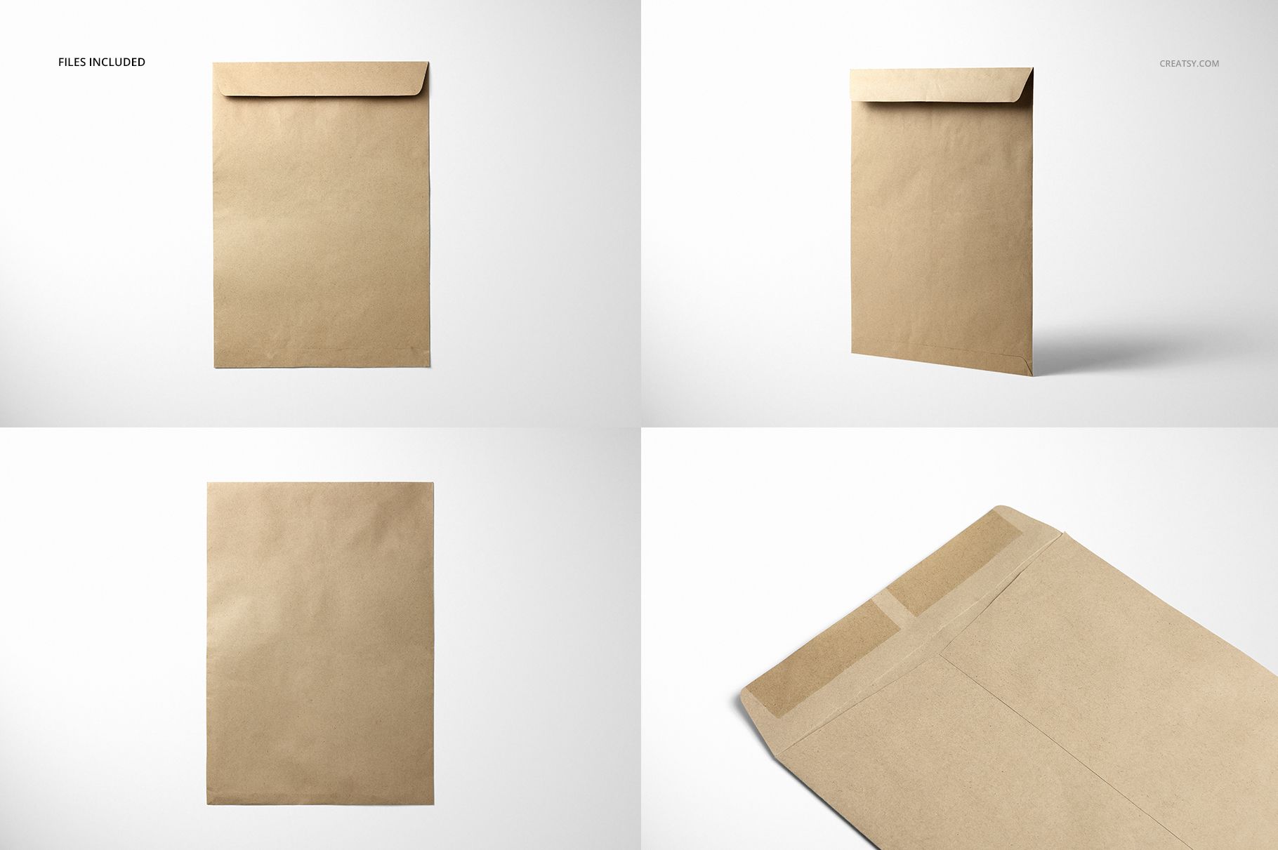 Brown paper envelope mockup set displayed in four views, including front, back, flat lay, and open flap on a white background.