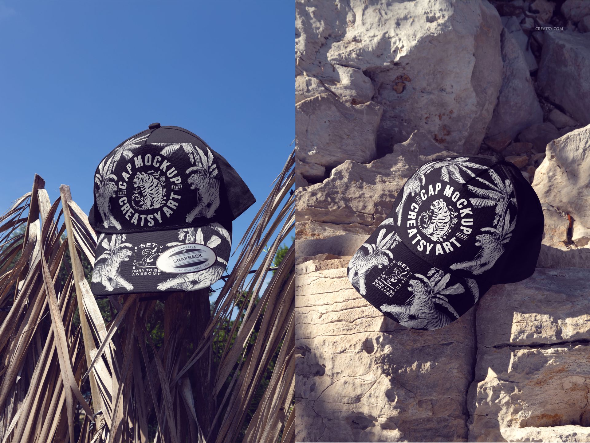 Yupoong snapback cap mockup featuring bold white botanical graphics, displayed on natural summer backgrounds with strong shadows.