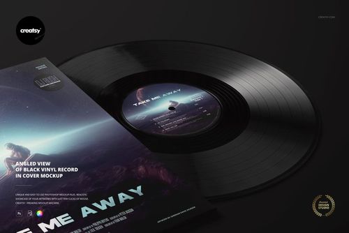 Black vinyl record mockup displayed at an angle, partially slid out from a cover featuring space-inspired design.