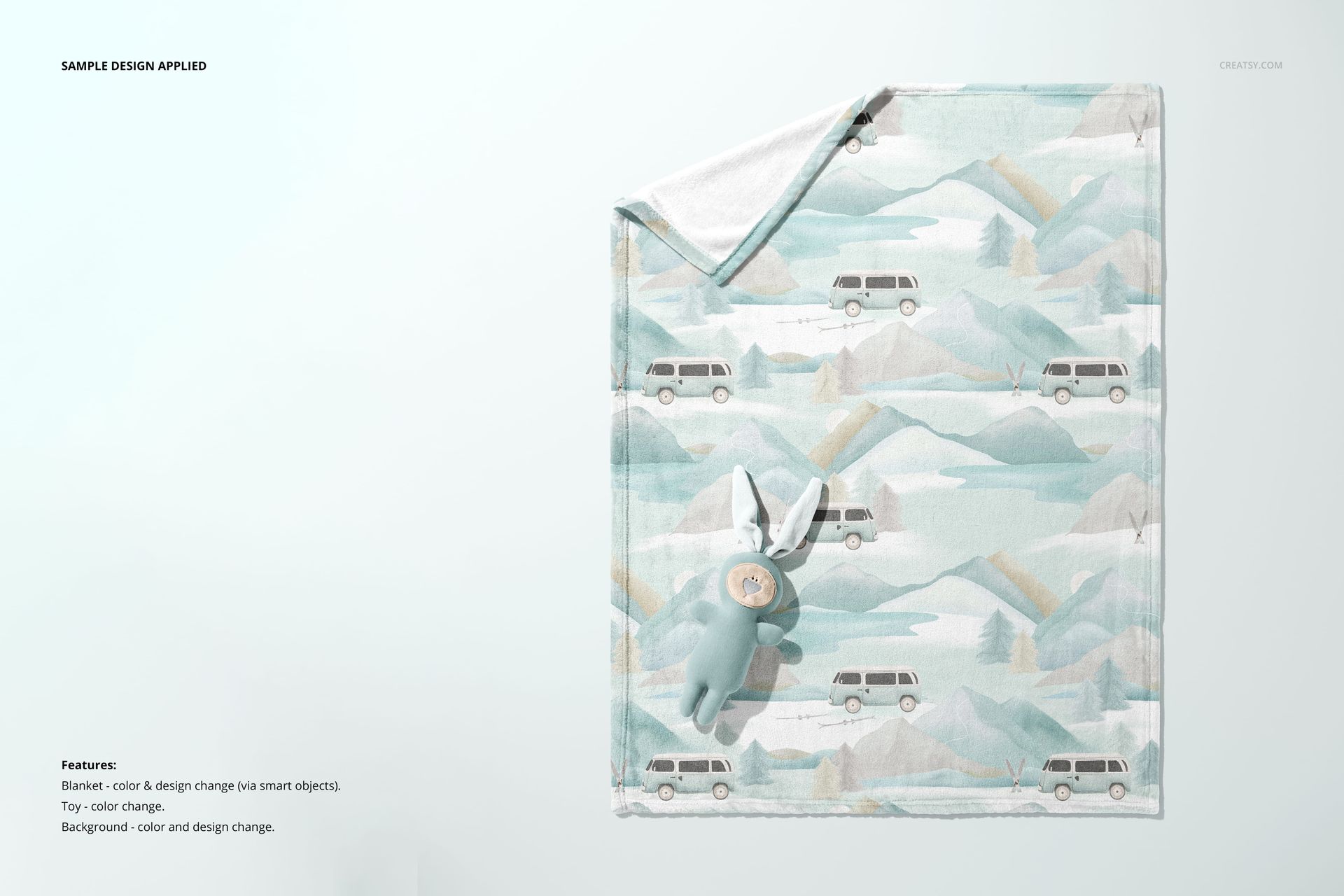 30x40 fleece blanket mockup featuring a scenic landscape and van print, displayed with a soft toy bunny beside it.