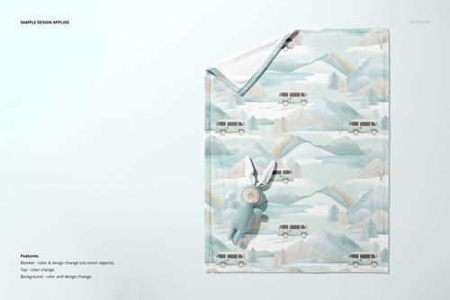 30x40 fleece blanket mockup featuring a scenic landscape and van print, displayed with a soft toy bunny beside it.