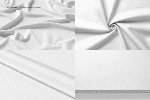 Curtains and upholstery fabric mockup set showing four views: draped, twisted, folded, and flat with ruler.