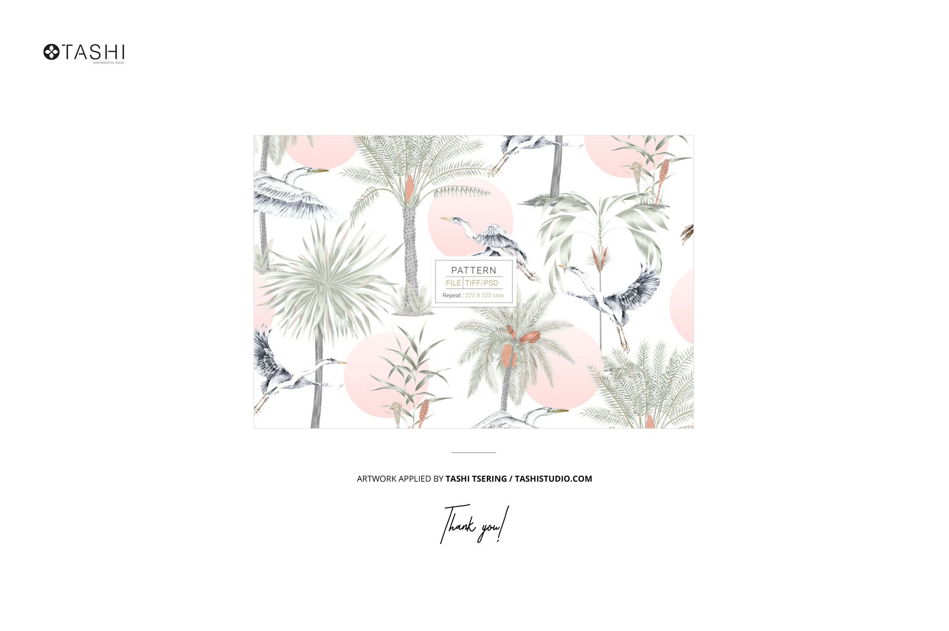 Curtain mockup close-up featuring a tropical pattern with palm trees, birds, and soft pink circles on a white background.