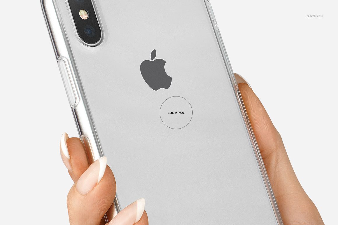 PSD mockup featuring a clear iPhone X case on a silver device, close-up of the back side in a person's hand.