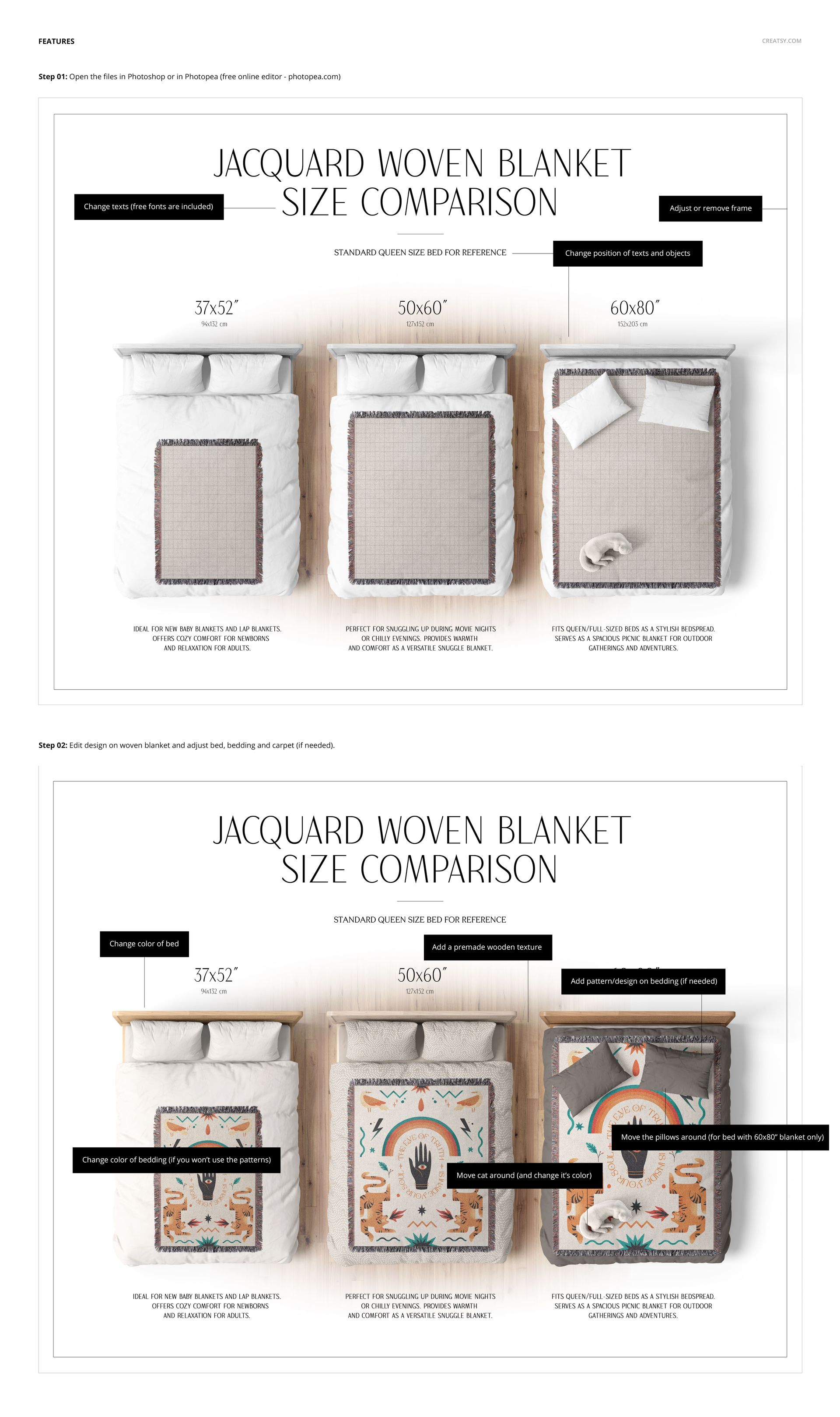 Size comparison of jacquard woven blankets with boho designs, arranged on bedding in a top-down perspective mockup.
