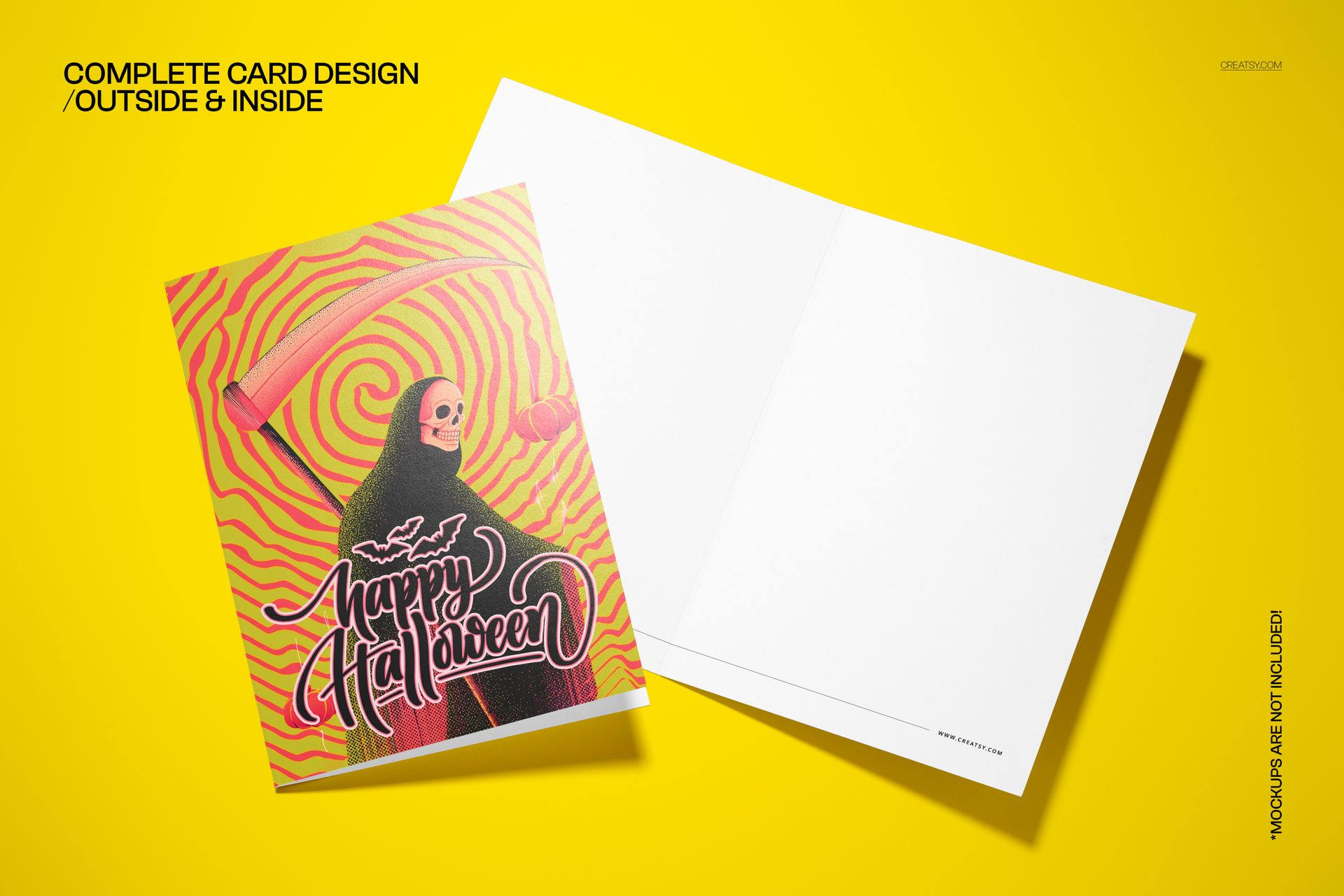 Halloween card mockup showing a skeleton death figure and psychedelic spiral pattern on a bright yellow surface.